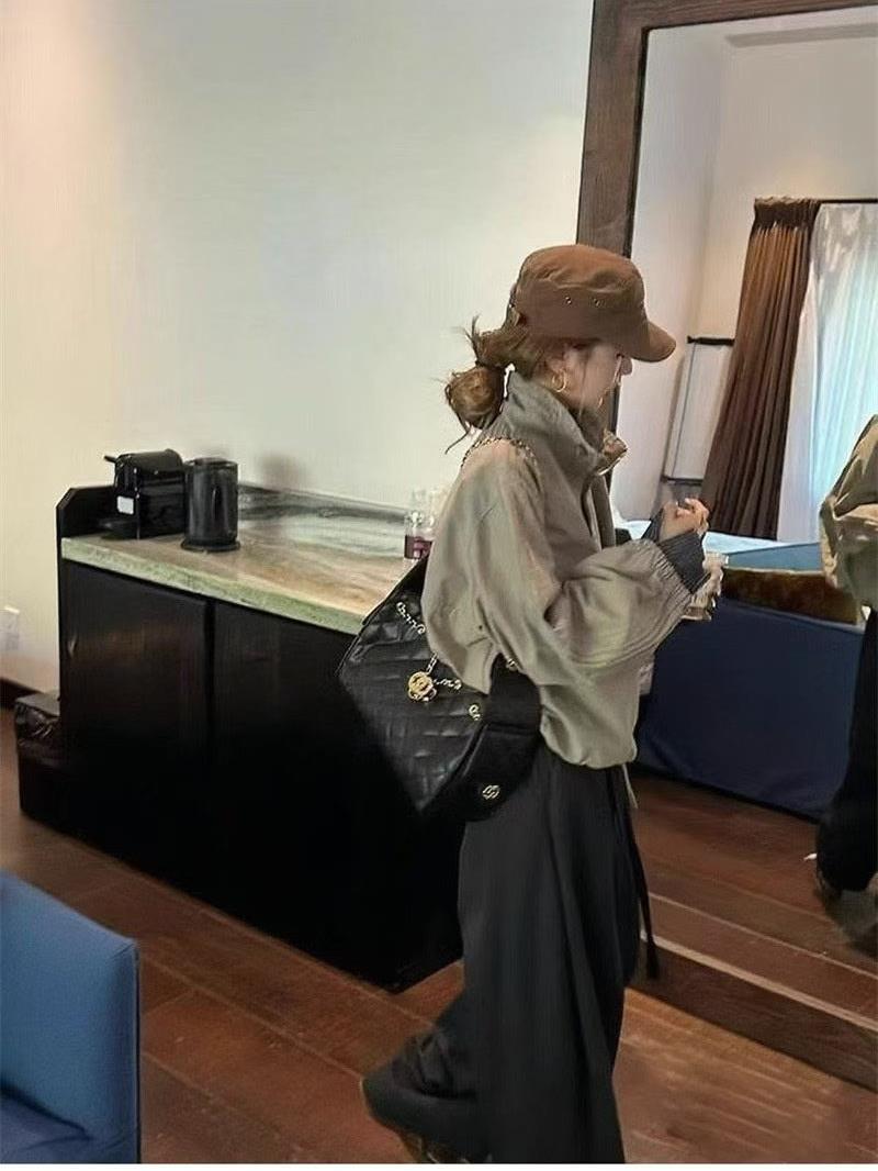 格紋手袖抽繩夾克外套